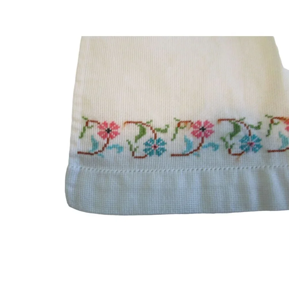 Vintage Hand Embroidered Guest Tea Hand Towels Pink Blue Floral Minor Age Stains